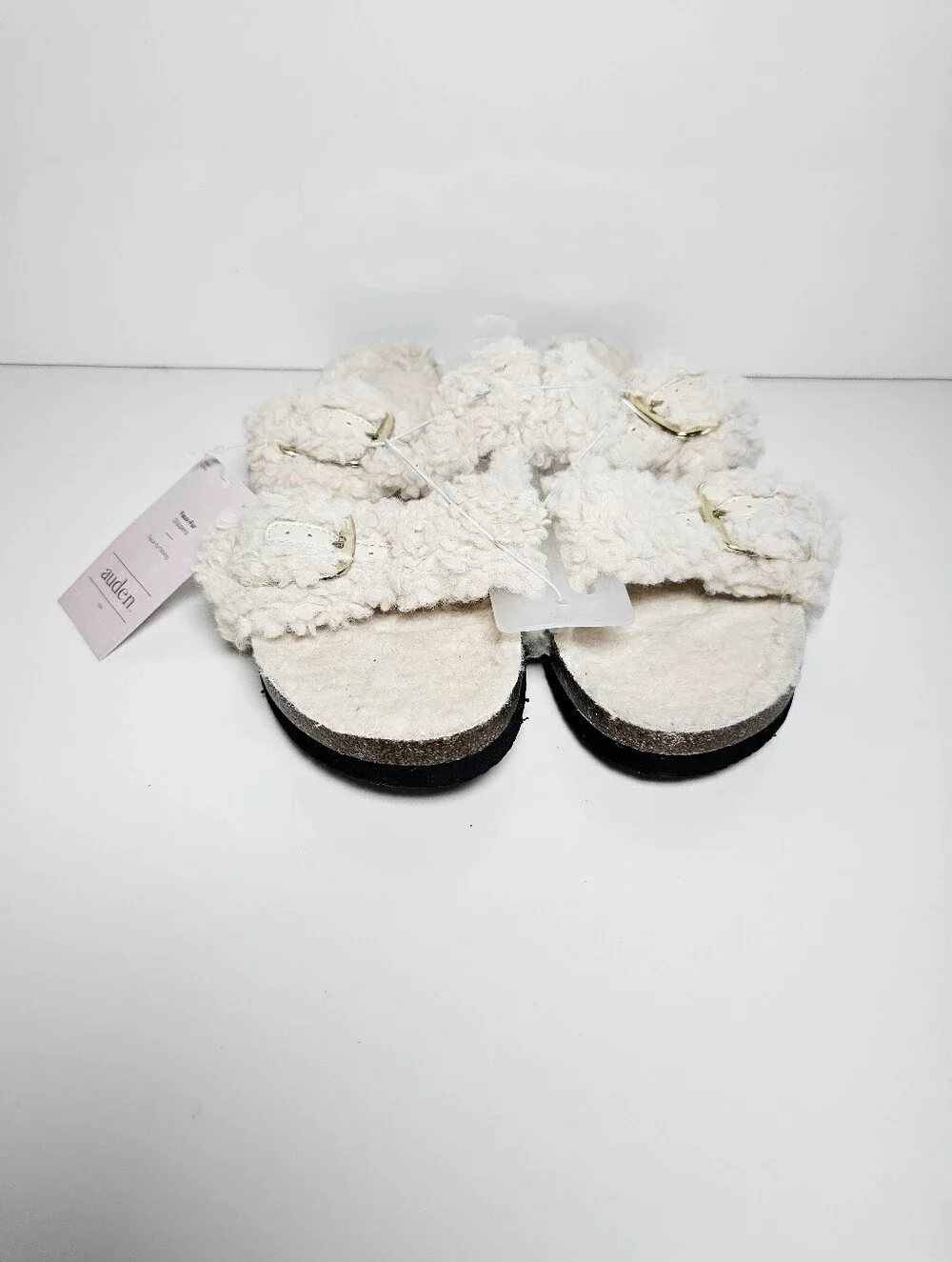 Auden Faux Fur Double Strap Buckle Slippers - Cream - Women's Size 10 - NWT